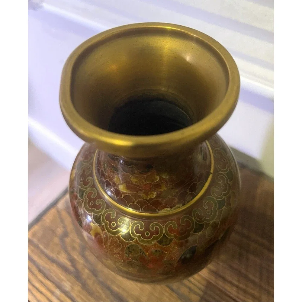 Vintage Chinese Cloissone Enamel And Brass Vase 8.5”